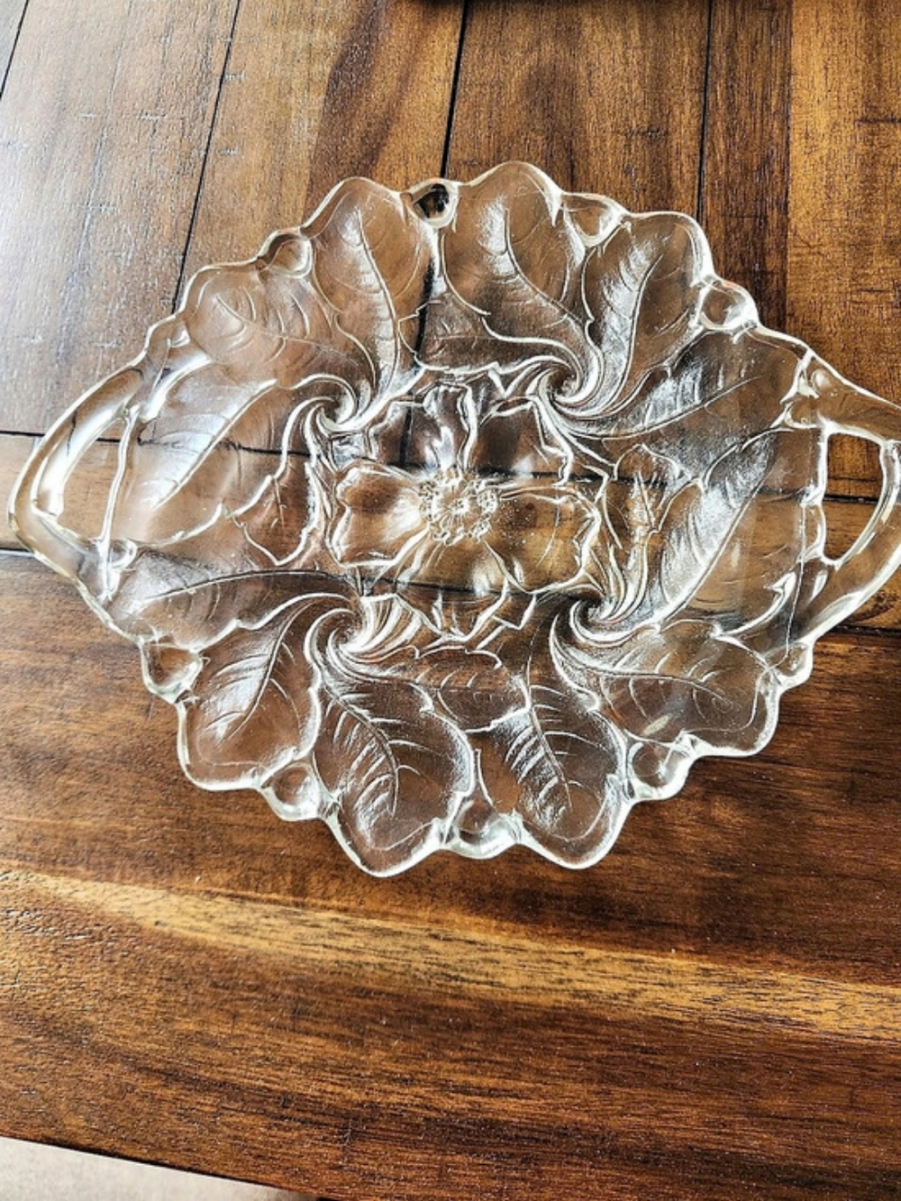 Vintage Indiana Glass Wild Rose Clear Handled Serving Dish Platter 12"